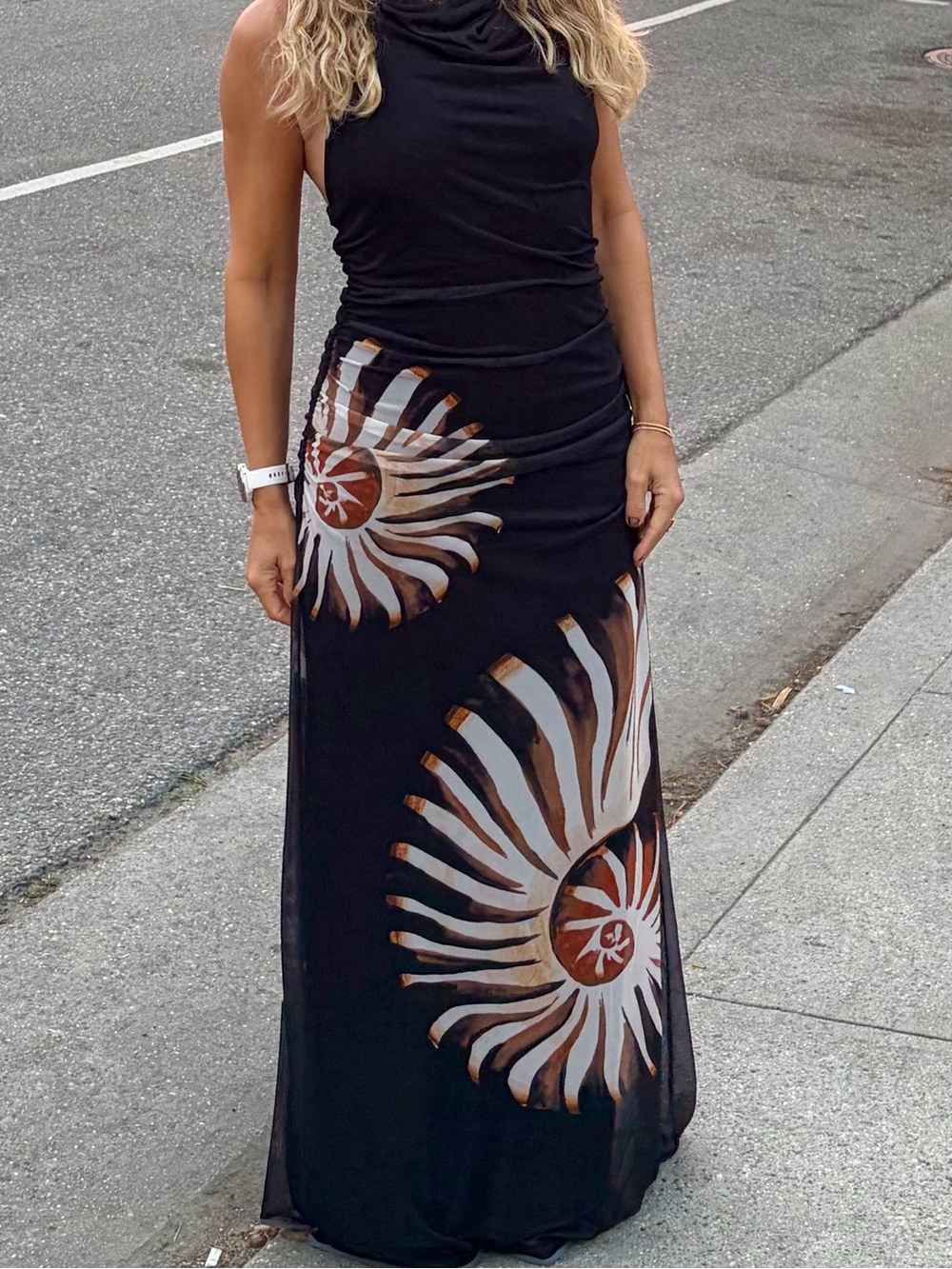 FARM RIO. Black & Tan Sun-Print Draped Evening Dress